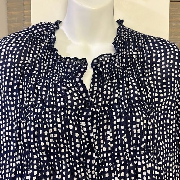 Lola Australia Navy Abstract Dotted Cotton Button Down V-Neck Ruffled Tunic- Lrg - Picture 3 of 10